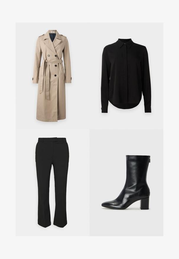 Zadig & Voltaire MANDY - Šineļveida mētelis - latte; Melna garo piedurkņu blūze ar norādītu apkakli, slēptu pogu aizdari un izliekta apakšmala uz vienkārša balta fona.; Melnas pielāgotas bikses ar taisnu kāju dizainu, ar jostas cilpām un sānu kabatām. Izgatavotas no gludas auduma ar tīru apdari.; Melna ādas potītes zābaks ar norādītu purngalu un 4 cm bloku papēdi. Gluds dizains ar sānu rāvējslēdzēju vieglai uzvilkšanai. Gluda tekstūra.