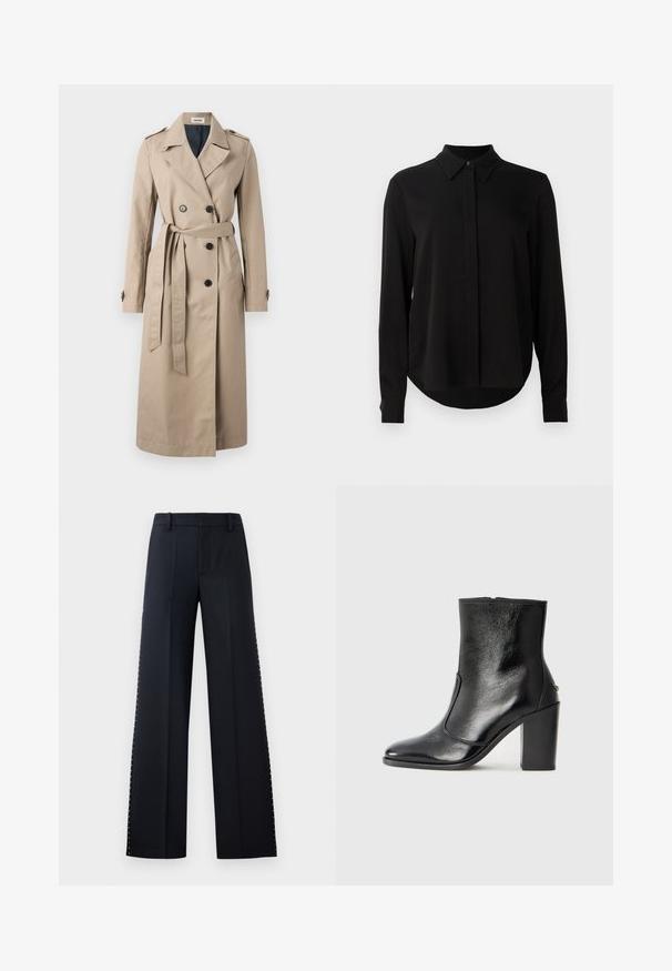 Zadig & Voltaire MANDY - Trenchcoat - latte; Schwarze Bluse mit langen Ärmeln, spitzem Kragen, verdeckter Knopfleiste und abgerundetem Saum vor einem schlichten weißen Hintergrund.; Schwarze weit geschnittene Hose. Maßgeschneiderte Passform mit glatter Textur. Verfügt über eine Reihe von metallischen Nieten entlang der Seitennaht für Details.; Schwarze Leder-Stiefelette mit glatter Textur, spitzem Fuß und klobigem hohen Absatz. Verfügt über eine seitliche Öffnung und ein minimalistisches Design.