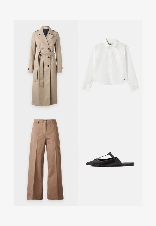 Zadig & Voltaire MANDY - Trench - latte; Chemise blanche à manches longues raccourcie en coton. Elle présente un devant à boutons, une poche sur la poitrine et un petit logo noir en bas à gauche.; Pantalons larges marron en tissu lisse, dotés d'une fermeture à bouton à l'avant, de deux poches avant et de lignes nettes et ajustées.; Chaussure en cuir noir à talon ouvert avec un bout pointu, présentant un accent tressé et un design supérieur plissé. Semelle plate avec un matériel minimal.