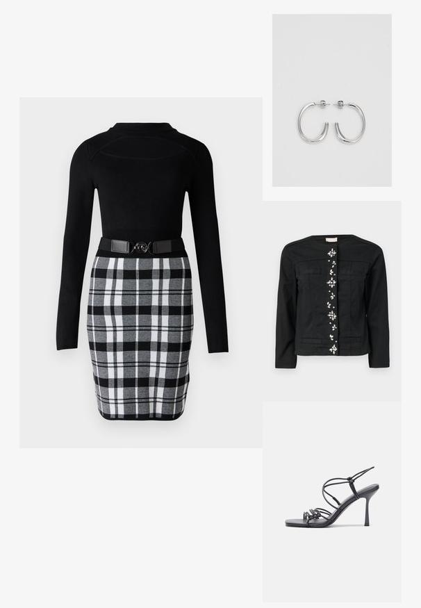 Fekete farmerdzseki lekerekített nyakkal, elülső zsebekkel és dekoratív díszítésekkel a középen. Simább textúra, testhezálló fazon.; Fekete hosszú ujjú felső, testhezálló fazonban, fekete-fehér kockás, ceruzaszoknyával párosítva, amelyet karikás csattal ellátott öv díszít.; Fekete magas sarkú szandálok vékony pántokkal, csomózott mintával, sima négyzetes orral és karcsú stiletto sarkal rendelkeznek.; Világosszürke fémes kézitáska lánc pánttal, kis kör alakú fém kifinomult díszítéssel és háromszög alakú márkagéppel.; Ezüst karika fülbevalók sima, fényes felülettel, ívelt formával és postazáras zárral. Minimalista, modern kivitel.