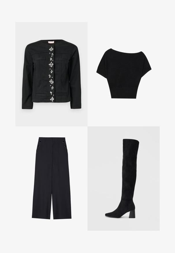 Černá džínová bunda s kulatým výstřihem, předními kapsami a dekorativními ozdobami ve středu. Hladká textura, přiléhavý střih.; Anna Field Triko s potiskem - black; Široké kalhoty z tmavě námořnické látky, s hladkou texturou, předními sklady a dekorativními zlatými nýty na bočních kapsách.; Černé semišové vysoké boty s blokovým podpatkem, špičatou špičkou a hladkým, bezšvovým designem na jednoduchém světlém pozadí.