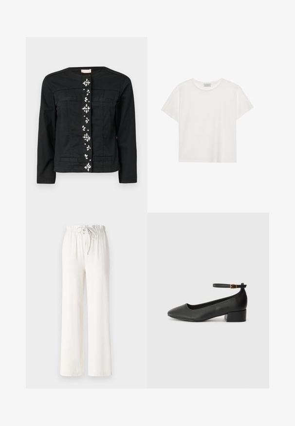 Svart denimjakke med rund hals, frontlommer og dekorative detaljer nedover midten. Glatt tekstur, tettsittende passform.; Hvit T-skjorte med kort erm laget av myk bomull. Har rund hals og avslappet passform. Rent design uten synlige mønstre eller aksenter.; Hvite vide bukser laget av myk stoff, med snor i livet og jevn tekstur. Ingen mønstre eller dekorasjoner synlige.; Sorte skinnpumper med spiss tå og lav blokkhelt. Har ankelrem med gullfarget spenne. Glatt tekstur.