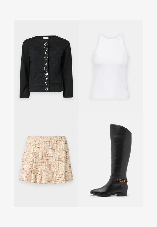 Jachetă din denim negru cu guler rotund, buzunare frontale și embellishments decorative pe centru. Textură netedă, formă ajustată.; Top alb fără mâneci, confecționat din material ribbed, prezentând un decolteu rotund și o siluetă ajustată, cu cusături minime și fără ornamente.; Fustă scurtă plisată dintr-un material texturat în tonuri neutre, cu stropi subtili de culoare. Prezintă un tiv franjurat pe lateral.; Cizme negre din piele înalte, cu un design elegant, vârf ascuțit și un accent de lanț auriu la gleznă. Toc mic în formă de bloc. Textură netedă.