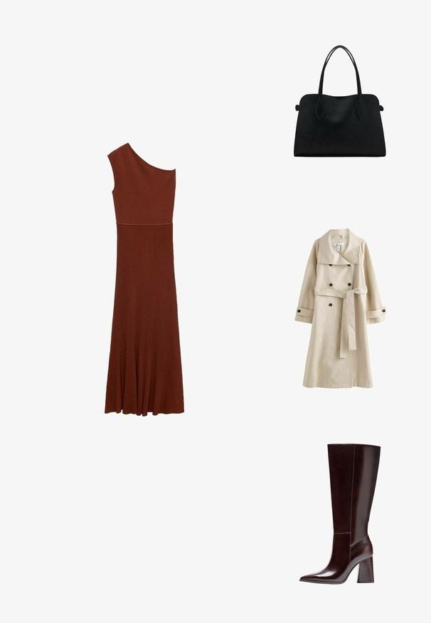 Beige Trenchcoat mit doppelreihigem Design, großem Kragen, schwarzen Knöpfen und einem passenden Gürtel in der Taille. Glattes, leichtes Material.; Asymmetrisches braunes Rippenkleid mit einseitigem Design; tailliertes Oberteil, das sich zu einem weiten Rock ausbreitet. Glatte Textur über das gesamte Kleid.; Braune Leder-Knöchelstiefel mit spitzem Zehenbereich und strukturiertem Blockabsatz. Verfügt über eine klare Linienführung und minimale Nähdetails.; Schwarze Lederhandtasche mit zwei Schulterriemen, rechteckiger Form und minimalistischem Design auf weißem Hintergrund.