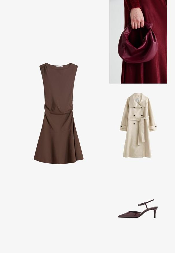 Trench coat beige con design doppiopetto, ampio colletto, bottoni neri e cintura coordinata in vita. Tessuto liscio e leggero.; Abito marrone senza maniche, lungo fino al ginocchio, con scollatura rotonda e leggera arricciatura laterale, gonna svasata su sfondo bianco puro.; Sandal con tacco a stiletto in pelle verniciata color bordeaux, con punta affilata, sottile cinturino alla caviglia e tacco moderato. Finitura liscia e lucida.; Borsa in pelle bordeaux con un design morbido e arricciato e una forma arrotondata. Il manico è fissato, mostrando una texture liscia.