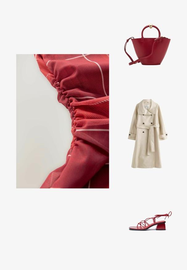 Beige trenchcoat med dobbeltradet design, stor krave, sorte knapper og et matchende bælte i taljen. Glat, letvægtsstof.; Rød, struktureret stof med samlet detaljer og hvide linjemønstre, der viser et glat og lidt glansfuldt udseende.; Rød hæl sandal lavet af glansede materialer. Har en firkantet tå, et indviklet snøredesign og en kraftig blokhæl.; Rød læderhåndtaske med en afrundet top, struktureret kegleform, en kort håndtag og en aftagelig skulderrem. Har gyldne hardware-detaljer.