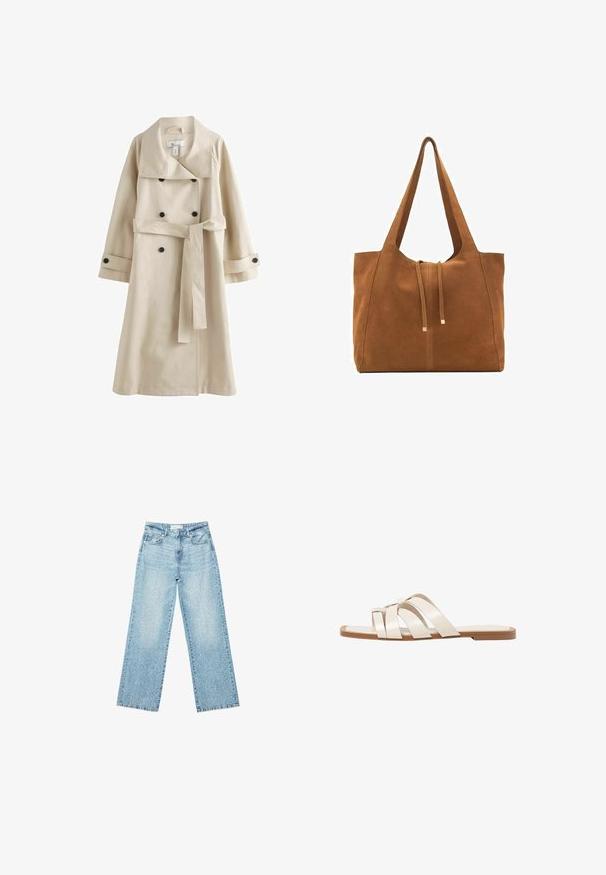 Beige trenchcoat dengan desain double-breasted, kerah besar, tombol hitam, dan sabuk yang sesuai di pinggang. Kain yang halus dan ringan.; Kermaisen värinen neulepaita, jossa on teksturoitu pinta, resorireunukset kauluksessa ja helmassa sekä raglanhihat. Valmistettu pehmeästä, lämpimästä materiaalista.; Vaaleansiniset leveälahkeiset farkut korkealla vyötäröllä, joissa on haalistunut pesu ja pieniä, satunnaisia kulumisia ympäriinsä.; Tason vaaleanruskealla kumipohjalla, jossa on kolme päällekkäistä valkoista nahkaremmiä ja pieni satiininen rusetti keskellä.; Ruskea nubuk-olkalaukku, jossa on kaksi pitkää hihnaa, naru- ja minimalinen sulkemismekanismi. Tasainen pinta ja ei näkyviä metalliosia.