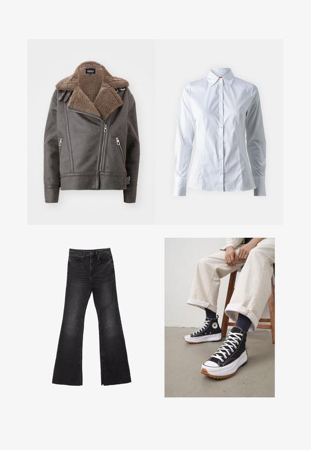 Siva faux usnjena jakna z rjavim ovčjim krznom na ovratniku, z zadrgo spredaj, stranskimi žepi in srebrnimi okrasnimi elementi. Skrajšana zasnova.; Bela srajca z dolgimi rokavi, z izrazitim ovratnikom, prilegajoča se zasnova, gladko bombažno blago in sprednje gumbno zapiranje.; Črne flare jeans iz denima s surovim robom, z zasnovo petih žepov in gumbom za zapiranje. Narejeni iz trdnega, teksturiranega blaga.; Črne visoke tenisice z belimi vezalkami in gumijastim zaščitnim vrhom. Pogrnjen debel bel podplat z teksturiranim rjavim zunanjim podplatom, obute z mornarskimi črtastimi nogavicami.