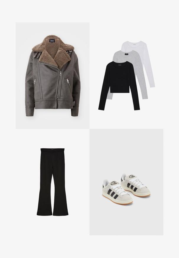 Giacca in ecopelle grigia con colletto in pelliccia sintetica marrone, chiusura con zip frontale, tasche laterali e dettagli in metallo argentato. Design corto.; Tre magliette a maniche lunghe impilate: nera, grigia e bianca. Ognuna ha un colletto rotondo e un design accorciato con tessuto morbido e leggero.; Leggings a zampa nera realizzati in un tessuto elasticizzato. Presentano una vita alta e una superficie liscia, con una silhouette aderente che si ampia all'orlo.; Sneakers in suede grigio con lacci bianchi, strisce nere e suola in gomma bianca. Presentano un logo circolare sulla linguetta e una suola in gomma.