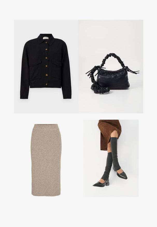 Czarna krótka kurtka wykonana z bawełny, z kołnierzykiem, zapięciem na guziki z przodu oraz dwiema kieszeniami na piersi z klapką.; Top typu crop w off-white dzianinie. Długie rękawy o prążkowanej teksturze oraz małe wycięcia wokół dekoltu.; Dzianinowa spódnica ołówkowa w jasnym beżu, z prążkowaną teksturą, wysokim stanem i dopasowanym krojem. Długość do kolan.; Czarne lakierowane buty na szpilce z prostokątnym obcasem i paskiem na kostce, zestawione z szarymi prążkowanymi ocieplaczami na nogi oraz brązową zamszową spódnicą.; Czarna torebka z syntetycznej skóry o teksturze krokodyla, z zaciąganym górnym zamknięciem i marszczonym paskiem. Wygląda na miękką i zwartą w designie.