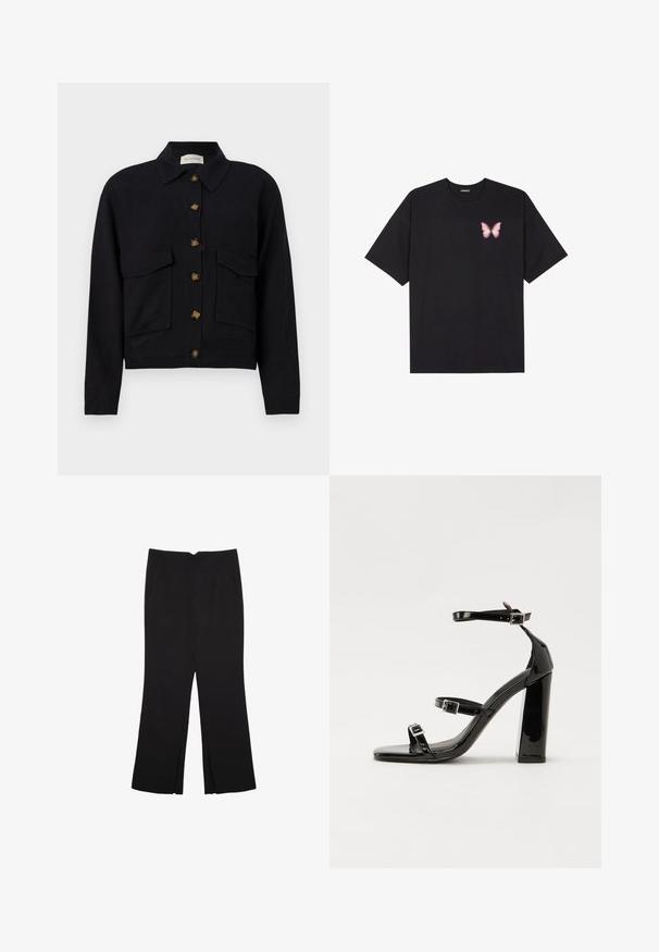 Črna skrajšana jakna iz bombaža, z ovratnikom, sprednjim zapiranjem na gumb in dvema žepoma na prsih z poklopcem.; Črna bombažna majica s kratkimi rokavi, ki ima majhen roza metuljček na levi strani prsnega dela. Majica s krožnim ovratnikom in sproščenim krojem.; Črne hlače ravnega kroja z naglavnimi žepi in stranskimi razporki na robu. Narejene iz mehke, gladke tkanine. Primerne za različne priložnosti.; Črne lakirane sandale s peto, kvadratnim prstom, trakovi okrog gležnja in srebrnimi zaponkami. Opremljene so s stabilno Debelo peto.