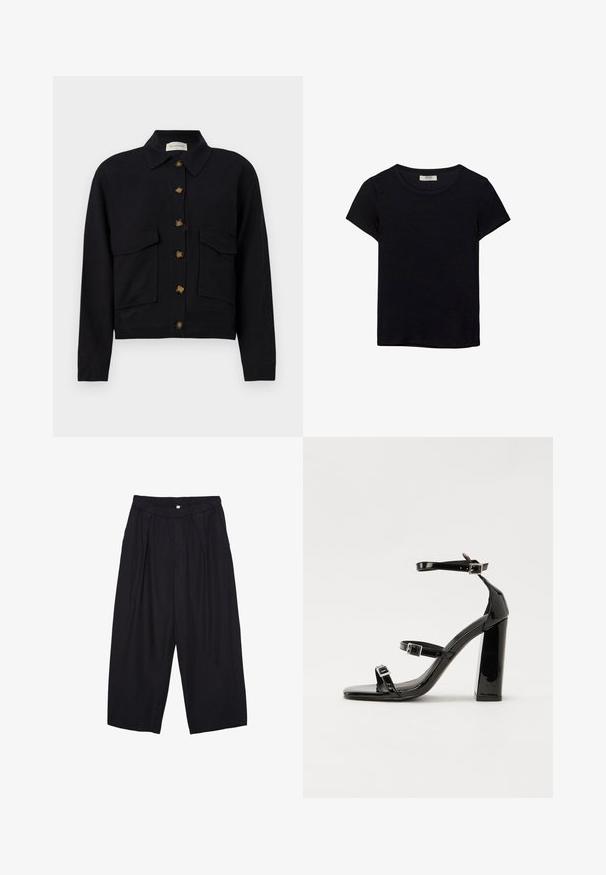 Crna skraćena jakna od pamuka, s ovratnikom, prednjim zatvaranjem na dugmad i dvije prsne džepove s preklopom.; Crna majica kratkih rukava od mekanog materijala. Ima klasični okrugli izrez i opušteni kroj. Bez vidljivih uzoraka ili akcenta.; Crne poliester hlače culotte s elastičnim pojasom, dva prednja nabora i širokim krojem. Nema vidljivih uzoraka ili metalnih detalja.; Crne lakirane sandale na pete sa kvadratnim nosom, trakama oko gležnja i srebrnim kopčama. Imaju čvrst blok petu za stabilnost.