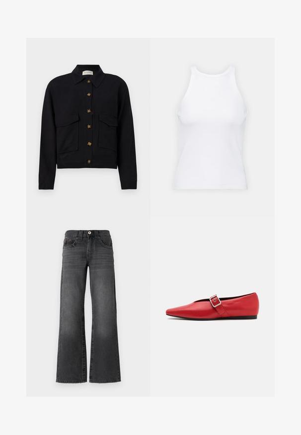 Fekete, vágott fazonú dzseki, amely pamutból készült, galléros nyakkal, elöl gombos záródással és két, fedeles mellzsebből áll.; Fehér ujjatlan trikó ribbed anyagból, lekerekített nyakkivágással és testhez simuló siluettel, minimális varrásokkal és díszítések nélkül.; Laza lábú farmer, sötét szürke denimből. Öt zseb, gombos záródás és diszkrét kopás a szöveten. Klasszikus varrási díszítés.; Piros bőr lapostalpú cipő, hegyes orral, oldalsó pánttal és fémből készült csattal, alacsony fekete sarokkal. Sima textúra az egész cipőn.