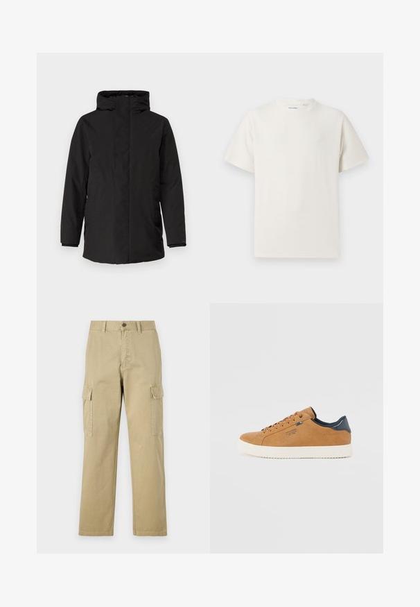 Black insulated jacket with a high collar, full zip closure, side pockets, and long sleeves. Smooth texture with minimal detailing.; White short-sleeve T-shirt in a ribbed texture. Round neckline, relaxed fit, no visible patterns or accents. Simple and versatile design.; Beige cargo pants made of cotton, featuring two side pockets, a button closure, and straight legs with a slightly textured fabric.; Brown leather sneaker with a white rubber sole, featuring round laces, a blue accent, and a smooth texture. Simple, low-profile design.