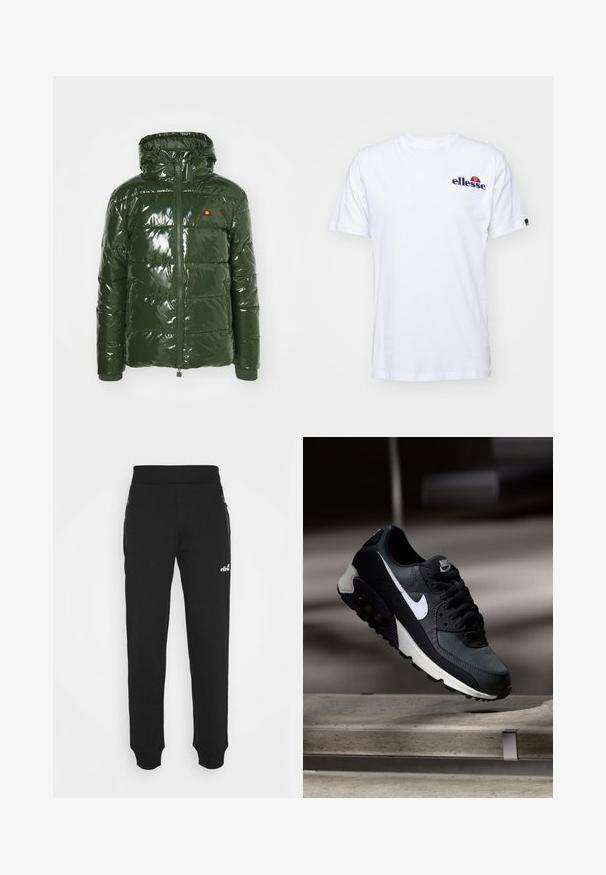 Ellesse TREVANI - Žieminė striukė - khaki; Balta medvilninė marškinėliai su trumpomis rankovėmis, kuriose kairėje krūtinės pusėje yra tamsiai mėlyna siuvinėta emblema ir ryški spalvų akcentas virš emblemos.; Juodos sportinės kelnės, pagamintos iš minkštos medžiagos, turi siaurėjančius kojų šonus, elastinę juostą, šonines kišenes su užtrauktukais ir mažą logotipo akcentą.; Juoda ir žalia sportinė avalynė su raštuotu tinklu viršuje, balta Swoosh logotipas, paminkštinta apykaklė ir matoma oro pagalvė pado viduje.