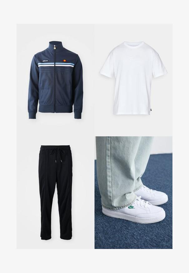 Ναυτικό μπλε ζακέτα με φερμουάρ, με ανοιχτό μπλε και λευκές οριζόντιες ρίγες, ψηλό γιακά και λογότυπα ellesse στο στήθος και στη λαβή του φερμουάρ.; Λευκό βαμβακερό μπλουζάκι με κοντά μανίκια και στρογγυλή λαιμόκοψη. Διαθέτει ένα μικρό, διακριτικό λογότυπο Nike στο στήθος και μια ετικέτα στο πλάι.; Μαύρο παντελόνι casual με ρυθμιζόμενη μέση και πλευρικές τσέπες, κανονική γραμμή σε απλό φόντο.; Λευκά δερμάτινα sneakers με πράσινο λογότυπο Nike, στρογγυλή μύτη, επίπεδη σόλα, συνδυασμένα με ανοιχτό μπλε τζην παντελόνι, τοποθετημένα σε μπλε χαλί.
