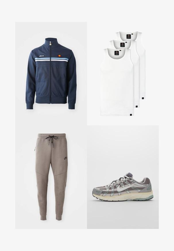 Navy blue zipped jacket with light blue and white horizontal stripes, high collar, and ellesse logo patches on chest and zipper pull.; Three white ribbed tank tops made of cotton. Features a crew neck and small black labels near the hem. Available in multiple sizes.; Gray Nike sweatpants with a drawstring waistband, tapered legs, side pockets, and distinct seam detailing. Soft, textured fabric.; Gray athletic shoe featuring a mesh and suede upper, white accents, a cushioned sole, and a distinctive design with reflective elements.