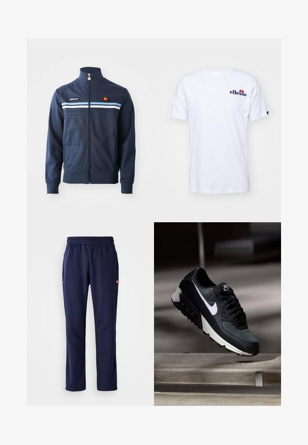 Námornícky modrá prešívaná bunda so svetlomodrými a bielymi horizontálnymi pruhmi, vysokým golierom a logom ellesse na hrudi a na ťaháčiku zipsu.; Biela bavlnená tričko s krátkymi rukávmi, na ľavej hrudi s námornícko modrým vyšitým logom a živou farebnou akcentáciou nad logom.; Námornícke teplákové nohavice s elastickým pásom, bočnými vreckami a malým logom na ľavom vrecku. Vyrobené z jemnej, hladkej látky.; Čierne a zelené tenisky s vzorovaným sieťovaným zvrškom, bielym logom Swoosh, polstrovaným golierom a viditeľnou vzduchovou tlmiacou jednotkou v podrážke.