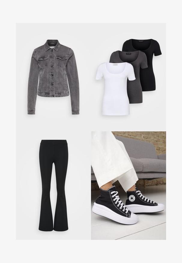 Grijze denimjas met een klassieke kraag, lange mouwen, twee borstzakken, knoopsluiting en subtiele slijtage op de stof.; Drie getailleerde T-shirts in het wit, grijs en zwart. Elk met een brede ronde hals en korte mouwen. Gemaakt van gladde, rekbare stof.; Zwarte uitlopende broek van rekbaar materiaal, met een hoge tailleband en een gladde textuur. De broek loopt uit vanaf de knie.; Zwarte hoge sneakers met witte rubberen zolen en veters. Voorzien van een ronde logo patch en contrasterende witte stiksels. Gemaakt van canvas.