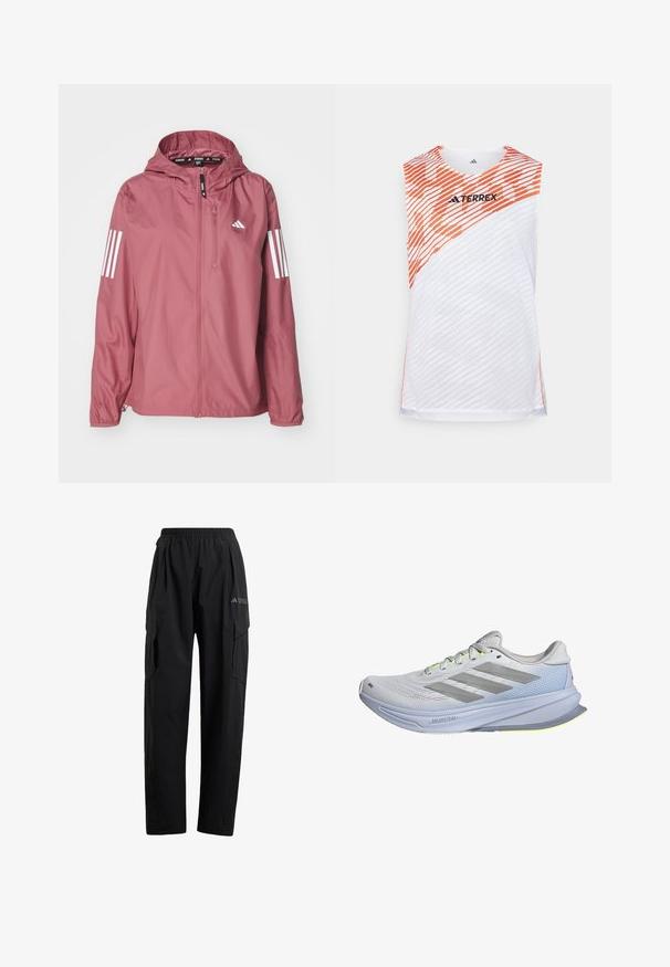 adidas Performance Windbreaker - preloved crimson; White sleeveless athletic top with orange diagonal stripes, textured surface, and "TERREX" logo on the upper front.; Black cargo pants with an elastic waistband, two side pockets, and a slightly tapered leg design. Made from lightweight material.; Running shoes with a lightweight mesh upper in white, accented by gray stripes. The sole features a slight curve and neon yellow highlights.