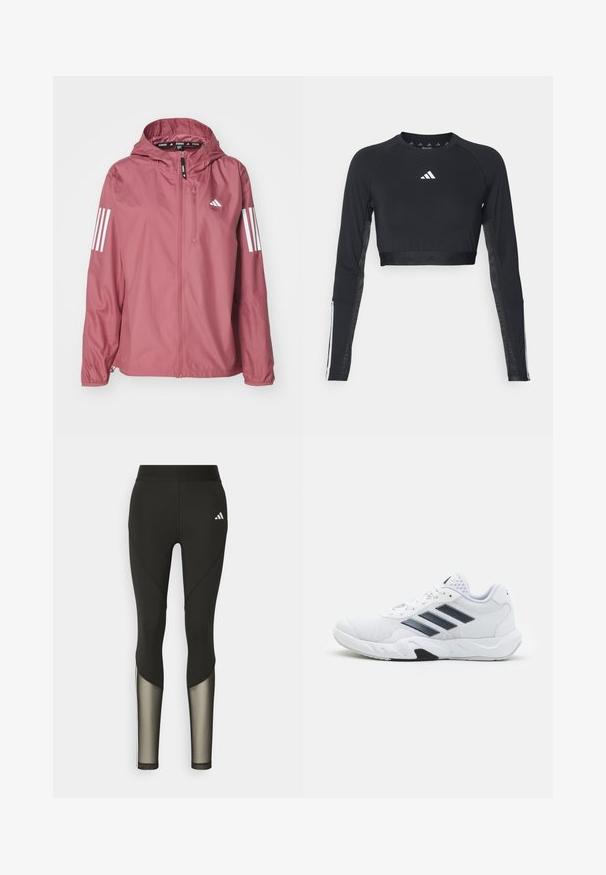 adidas Performance Windbreaker - preloved crimson; Black cropped long-sleeve workout top made of smooth fabric. Features a white logo on the chest and striped accents on the sleeves.; Black athletic leggings with a high waistband, featuring mesh accents on the lower legs and an embroidered logo on the hip.; White athletic shoe with mesh upper, three black stripes on the side, textured accents, and a sturdy rubber sole with a contrasting black section.