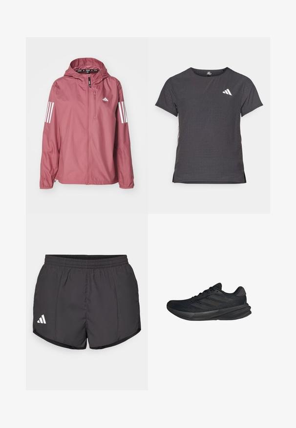 adidas Performance Veste coupe-vent - preloved crimson; T-shirt de sport à manches courtes, gris foncé avec une texture perforée. Présente un logo blanc et des rayures latérales contrastantes. Encolure arrondie.; Shorts de sport noirs en tissu léger, dotés d'une taille élastique et d'un logo Adidas blanc en bas à gauche.; Baskets de sport noires avec un dessus en maille, une forme épurée, une semelle plate et trois bandes diagonales sur le côté. Design léger pour le confort.