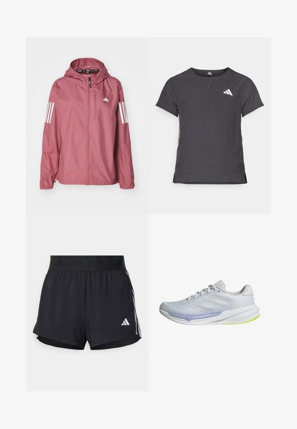 adidas Performance Windbreaker - preloved crimson; Kurze Ärmel Sport-T-Shirt, dunkelgrau mit durchbrochener Textur. Enthält ein weißes Logo und kontrastierende Seitenstreifen. Runder Ausschnitt.; Schwarze Sportshorts mit einem elastischen Bund, ausgestattet mit einem strukturierten Band, seitlichen Streifen und einem weißen Adidas-Logo am unteren Saum.; Weiße Sportschuhe mit einem atmungsaktiven Mesh-Obermaterial, strukturiertem Design und lavendelfarbenen Akzenten. Die Schuhe verfügen über eine gepolsterte Sohle mit grünen Außensohlen-Details.