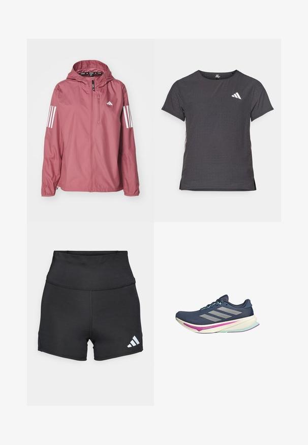 adidas Performance Windbreaker - preloved crimson; Short-sleeve athletic t-shirt, dark gray with perforated texture. Features a white logo and contrasting side stripes. Rounded neckline.; adidas Performance Leggings - black; Navy running shoe with mesh upper, silver stripes, mint accents, and cushioned sole featuring pink and teal detailing for comfort.