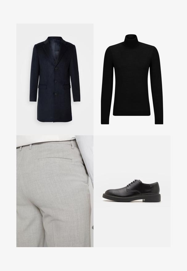 Isaac Dewhirst Klassisk kåpe / frakk - navy; Svart genser med høy hals laget av mykt materiale, med lange ermer og en tettsittende passform. Ribbestrikket kant nederst og ved ermene. Enkelt design.; Lysegrå skreddersydde bukser laget av teksturert stoff, med en enkelt baklomme og rene sømmer.; Svart lær snøre sko med rund tå, glatt tekstur, minimal søm, og lav gummihæl. Logo på hælen.