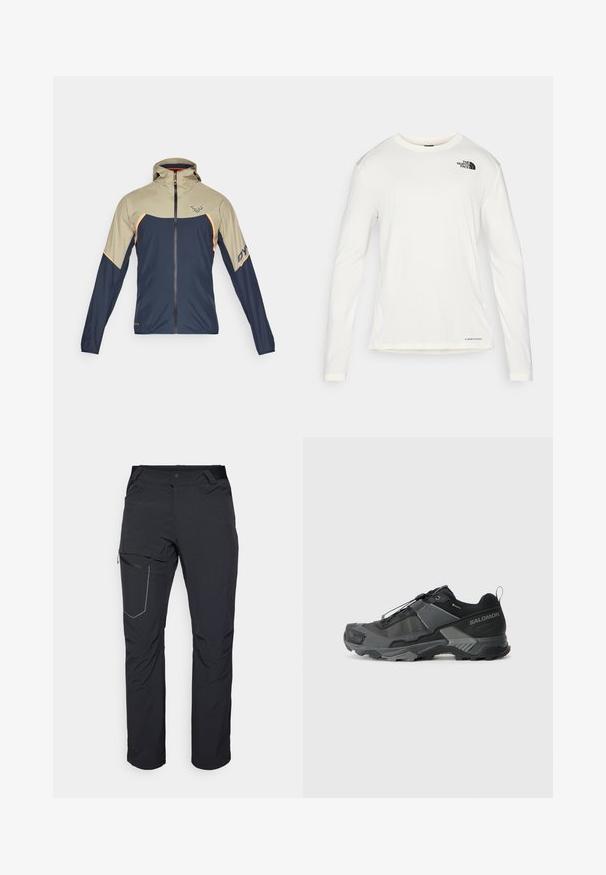 Dynafit ALPINE GORE TEX JACKET - Hardshell jakna - rock khaki; Bela srajca z dolgimi rokavi in okroglim ovratnikom, strukturirana tkanina, črn logo na levem ramenu in diskretno znamčenje na dnu.; Črne zunanje hlače z žepom na stegnu z zadrgo, elastičnim pasom in gladkim, vodoodpornim materialom. Čist dizajn brez vidnih logotipov.; Črne trail tekaške čevlje z vzdržljivim mrežastim zgornjim delom, ojačano zaščito prstov, teksturiranim gumijastim podplatom in elastičnim sistemom vezalk za varen oprijem.