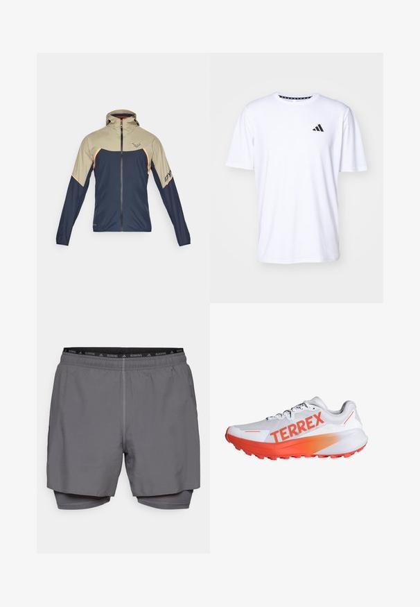 Dynafit ALPINE GORE TEX JACKET - Hardshell jacket - rock khaki; White short-sleeve t-shirt made of fabric with a smooth texture. Features a black adidas logo on the left chest and a patterned collar.; Gray running shorts with an elastic waistband, inner lining, and contrasting stitching. Features a logo detail at the waistband.; White running shoe with bright orange accents and "TERREX" branding. Features a textured mesh upper and a cushioned sole with traction lugs.