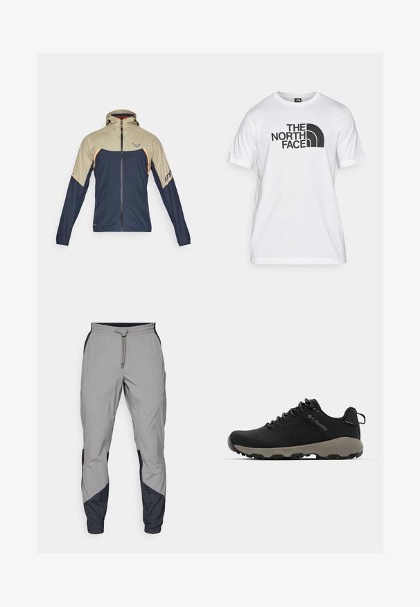 Dynafit ALPINE GORE TEX JACKET - Hardshelljacka - rock khaki; Vitt bomullströja med svart grafisk tryck som har text och en rundad logotypdesign. Rund halsringning och korta ärmar. Enslig textur.; Lätta, grå träningsbyxor med svarta detaljer. Elastisk midja, dragsko stängning, tapered design och sidofickor.; Svart vandringsskor med en slät överdel, perforerat mönster, grå sula och förstärkt häl. Har snörning och en dragflik för enkel påtagning.