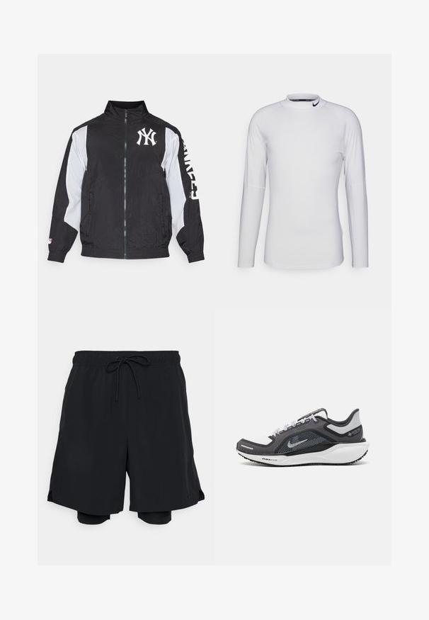 Fanatics NEW YORK YANKEES WOVEN TRACK JACKET - Sporto klubų atributika - white/black; Ilga rankovė, balta sportinė marškinė, pagaminta iš lygaus, tamprių audinių. Pasižymi aukštu kaklu ir juodu Nike logotipu ant apykaklės.; Juodi sportiniai šortai, pagaminti iš lengvos medžiagos, su elastinga juosmens juosta su raišteliu ir prigludusiais vidiniais šortais.; Juodas ir pilkas sportinis batelis su tinkleliu viršuje, atspindinčiais akcentais ir balta vidurinė dalimi. Yra tekstūruota guminė išorinė pada ir raišteliai.