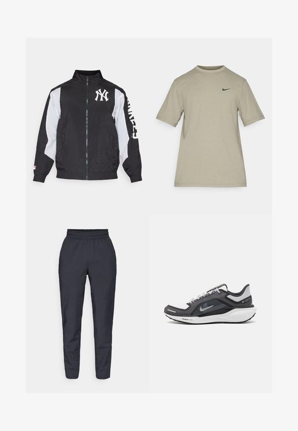 Fanatics NEW YORK YANKEES WOVEN TRACK JACKET - Sporto klubų atributika - white/black; Žalias trumpas rankovė t-shirt, pagamintas iš minkštos medžiagos, su apvaliu iškirpimu ir mažuoju juodu Nike logotipu kairėje krūtinės pusėje. Paprastas dizainas.; Jūros mėlynos tapered tipo kelnės, pagamintos iš minkštos medžiagos, su elastingu juosmeniu, šoninėmis kišenėmis ir lygia tekstūra su subtiliais siuvinėjimo akcentais.; Juodas ir pilkas sportinis batelis su tinkleliu viršuje, atspindinčiais akcentais ir balta vidurinė dalimi. Yra tekstūruota guminė išorinė pada ir raišteliai.