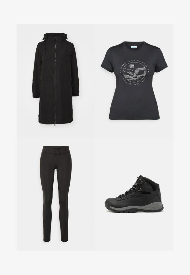 Jachetă lungă neagră cu glugă, dotată cu un fermoar frontal, mai multe buzunare frontale și manșete elastice. Fabricată dintr-un material rezistent.; Tricou negru Columbia cu artă liniară albă circulară reprezentând munți și un râu, împreună cu textul "Columbia Sportswear Company Afară din 1938."; Leggings negre cu talie înaltă, șnur, textură netedă și design ajustat. Prezintă detalii de cusături de-a lungul laturilor.; Botă de drumeție neagră cu un design mediu, având un material texturat, accente gri și o talpă din cauciuc durabilă cu crampoane pentru aderență.