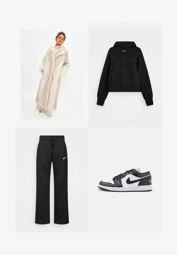 Cesare Gaspari Zimski kaput - beige; Crni skraćeni dukserica izrađena od mekog materijala, s kapuljačom koja se može podešavati uz pomoć povlačenja, prednjim džepom u obliku kengura i malim bijelim Nike logotipom na prsima.; Crne trenirke od mješavine pamuka, s elastičnim pojasom s vezicom, ravnim nogavicama i bijelim Nike logotipom na lijevoj strani.; Crno-bijele Nike niske tenisice imaju glatku kožnu gornjište, okrugli vrh, vezanje na vezice i uzorčeni gumeni potplat.