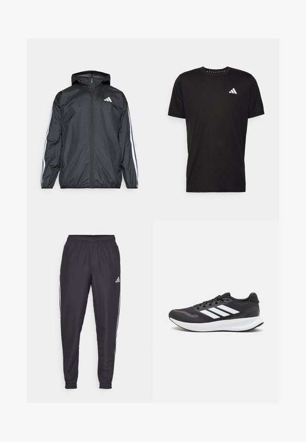 Juodas vėjaračius striukė su gobtuvu, pagaminta iš glotnaus, lengvo medžiagos. Turtingi balti dryžiai palei rankoves ir logotipas ant krūtinės.; Juodas medvilnės marškinėliai trumpomis rankovėmis, su apvalia iškirpte ir balta logo kairiajame krūtinės šone. Lygus tekstūra ir paprastas dizainas.; Juodi sportiniai kelnių su elastinga juosta, šoninėse pusėse yra baltos juostos, o ant klubų yra mažas logotipas. Lygi tekstūra.; Juodas sportinis batelis su orui pralaidžia mėgintuvėliu, baltomis akcentais ir paminkštintu padu. Šone yra trijų juostų logotipas.