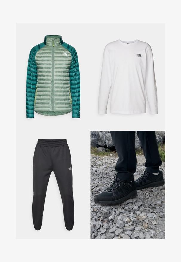 Insulated jacket in light green with dark green accents. Features a full zipper, high collar, and narrow quilted sections. Lightweight design.; White long-sleeve T-shirt made of cotton with a crew neck. Features a small black logo on the chest. Smooth texture, regular fit.; Black sweatpants with a drawstring waist, tapered fit, elastic cuffs, and a small white logo on the left thigh, made from smooth fabric.; Black outdoor shoes with mesh and synthetic material, featuring a textured upper, secured lacing system, and a rugged outsole, on rocky terrain.