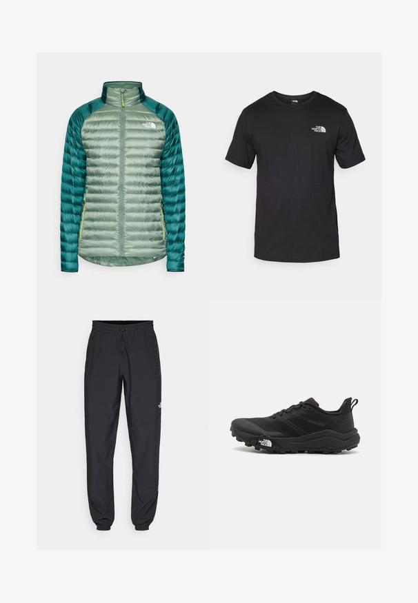 Insulated jacket in light green with dark green accents. Features a full zipper, high collar, and narrow quilted sections. Lightweight design.; Black short-sleeve t-shirt made of cotton, featuring a round neckline and a small white logo on the upper left chest area.; Black athletic pants made from lightweight fabric, featuring a drawstring waistband, side pockets, and tapered cuffs at the ankles.; Black trail running shoe with a textured upper, rubber sole, and reinforced toe cap. Features a padded collar and pull tab for easy wear.