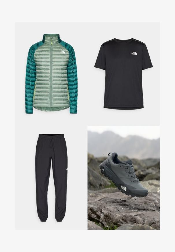 Insulated jacket in light green with dark green accents. Features a full zipper, high collar, and narrow quilted sections. Lightweight design.; Black short-sleeve T-shirt made from lightweight fabric. Features a small white logo on the left chest and subtle shoulder accents.; Black athletic pants made from lightweight fabric, featuring a drawstring waistband, side pockets, and tapered cuffs at the ankles.; Grey trail running shoe with a textured upper, durable rubber sole, and reinforced toe cap. Features laces and brand logo on the side.