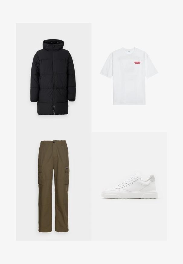 Abrigo puffer negro con cierre de cremallera, capucha sobredimensionada y patrón acolchado horizontal. Hecho de material sintético, presenta puños elásticos.; Camiseta de algodón blanca con mangas cortas, cuello redondo y un texto gráfico rojo que dice "FRUTA DELICIOSA Y REFRESCANTE" en la parte frontal.; Pantalones cargo en verde oliva, hechos de un tejido resistente. Presenta dos bolsillos laterales, una cintura estándar y un diseño de pierna recta.; Zapatillas de cuero blanca con un acabado suave, punta redondeada, cordones planos y una suela texturada. Acento de ante gris en el talón.