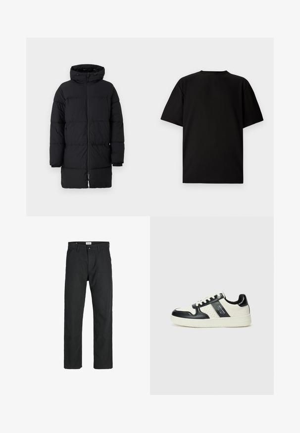 Mustmusterm puhvärvi jope, millel on tõmblukuga kinnitus, ülepaisutatud kapuuts ja horisontaalne õmblusmuster. Valmistatud sünteetilisest materjalist, millel on elastsed varrukad.; Mustus lühikeste varrukatega T-särk ribakanga materjalist. Omab ümmargust kaelust ja lõõgastavat istuvust, millel on sile tekstuur. Ainult tagavaade.; Mustad mustad, mis on valmistatud vastupidavast kangast, sirge jala disainiga, õmmeldud detailidega ja kahe eesmise taskuga funktsionaalsuse jaoks.; Nahatud nahkkingad musta ja kreemi värviskeemiga, millel on perforeeritud aktsendid, pehme krae ja tekstureeritud tallad.