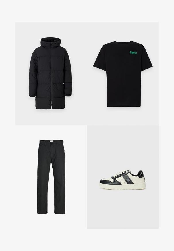 Černý péřový kabát se zipovým zapínáním, př oversized kapucí a vodorovným prošíváním. Vyroben z jemného materiálu, má elastické manžety.; Černé tričko vyrobené z bavlny s krátkým rukávem. Na přední straně se nachází zelené logo "ROOTS", kulatý výstřih a standardní střih.; Černé kalhoty vyrobené z odolné tkaniny, s rovnými nohavicemi, šitými akcenty a dvěma předními kapsami pro praktičnost.; Kožené tenisky s černobílou barevnou kombinací, které mají perforované detaily, polstrovaný límec a texturovanou podrážku.