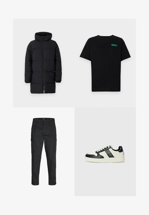 Sort pufferjakke med lynlås, oversize hætte og horisontalt quiltet mønster. Fremstillet af syntetisk materiale, med elastiske manchetter.; Sort t-shirt lavet af bomuld med korte ærmer. Har et grønt "ROOTS" logo på forsiden, rund halsudskæring og almindelig pasform.; Sorte cargo-bukser lavet af slidstærkt stof, der har flere lommer, en knaplukning og et slim fit design med smalle ben.; Lædersneakers i sort og creme farveskema, med perforerede detaljer, en polstret krave og en struktureret ydersål.