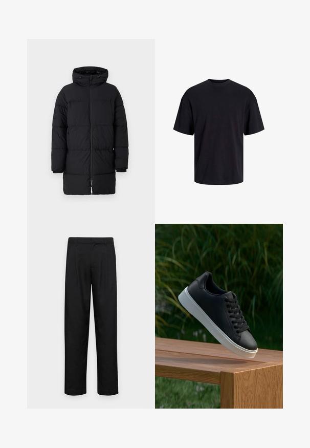 Cappotto puffer nero con chiusura a zip, cappuccio oversize e motivo trapuntato orizzontale. Realizzato in materiale sintetico, presenta polsini elasticizzati.; T-shirt in cotone nero con collo rotondo, maniche corte e vestibilità morbida. Texture liscia senza pattern o dettagli visibili.; Pantaloni neri realizzati in tessuto liscio, caratterizzati da un taglio dritto, due pieghe frontali e una vita standard con passanti per la cintura.; Sneaker in pelle nera con una texture liscia, suola in gomma bianca e sei grommet per i lacci, posizionata su una superficie di legno.