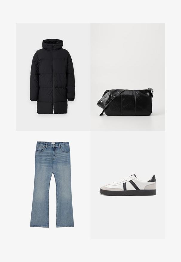Fekete puffertakaró zipzárral, oversized kapucnival és vízszintes steppelt mintával. Szintetikus anyagból készült, elasztikus mandzsettákkal rendelkezik.; Fehér pamut, rövid ujjú póló V-kivágással, laza szabással és sima, puha textúrával. Minták vagy díszítések nincsenek rajta.; Világoskék farmernadrág, bővülő lábbal, klasszikus öt zsebbel és gombos derékzárral.; Fehér sneaker fekete és szürke részletekkel, textúrált szürke orr résszel, fekete gumitalppal és lapos fehér fűzőkkel. Tiszta dizájn, minimalista stílus.; Fekete bőr válltáska, cipzárral zárva, texturált felülettel, fehér varrással és ezüst fémgyűrűs pánttal.