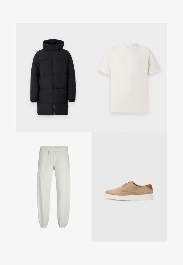 Zwarte pufferjas met een ritssluiting, oversized capuchon en een horizontaal gestikt patroon. Gemaakt van synthetisch materiaal, met elastische manchetten.; Witte korte mouwen T-shirt met ribbelstructuur. Ronde hals, ontspannen pasvorm, geen zichtbare patronen of accenten. Eenvoudig en veelzijdig ontwerp.; Witte sweatpants gemaakt van zachte stof, met een elastische tailleband en boorden, een gladde textuur en een losvallend ontwerp.; Beige suède sneakers met een ronde neus, vetersluiting aan de voorkant en een getextureerde achteraccent. De witte rubberen zool zorgt voor contrast. Eenvoudig en modern ontwerp.