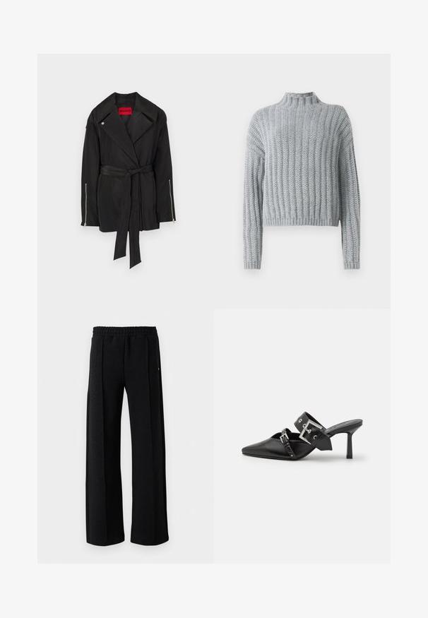 Juodas ilgas paltas su diržu ties juosmeniu, dideliu apykakle ir užtrauktukais ant rankovių. Pagamintas iš lygaus, lengvo audinio su matinio paviršiaus apdaila.; Šviesiai pilkas storas mezginys su raukšlėtu raštu, su apykakle, ilgomis rankovėmis ir šiek tiek trumpesne apdaila.; Baltas ilgas rankovėmis marškiniai su mygtukais, pagaminti iš lygaus medvilnės mišinio. Yra klasikinė apykaklė, priekinis mygtukų uždarymas ir apvalios rankogaliai.; Juodi tiesūs kelnės su elastine juosta ir subtiliu tekstūruotu raštu per audinį ant balto fono.; Juodos aukštakulnės mule bateliai su smailiu pirštu, pagaminti iš lygaus odos. Turi platų kulkšnies dirželį su kvadratiniu sidabro sagtimi ir skulptūromis.