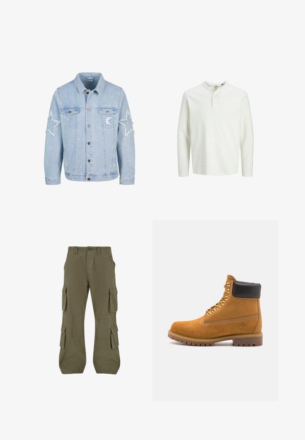 Svijetloplava traper jakna s ispucanim zvjezdicama, metalnim gumbima, dvije prednje džepove i suptilnim bijelim flekama boje.; Bela dolga majica henley s tremi gumbi in okroglim izrezom, prikazana na enobarvni beli podlagi.; Cargo hlače v olivno zeleni barvi. Narejene iz bombaža, z več stranskimi žepi, ravnim krojem in vidnimi šivi.; Svetlo rjave anklne čizme iz semiša z črnim oblazinjenim ovratnikom, zlatimi kovinskimi očesci, belimi šivi in robustnim gumijastim podplatom s izrazitimi tredi.