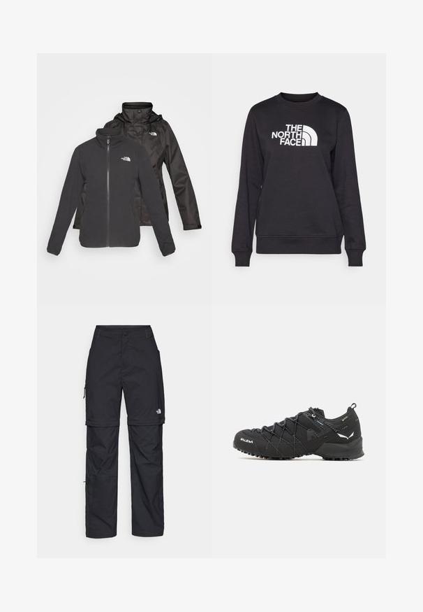 To-lags jakke i sort: en fleece med lynlås foran og stående krave samt en vandtæt skal med hætte; inkluderer logoer på begge lag.; Sort sweatshirt med rund hals, lange ærmer, ribbede manchetter og et hvidt "The North Face" logo centreret på fronten. Glat tekstur.; Sorte nylon cargo bukser med lynlås, justerbare manchetter, flere lommer og et logo på højre ben. Glat, let tekstur.; Sorte vandresko med en tekstureret stofoverdel, snøresystem og robust gummisål. Accenteret med reflekterende detaljer og logoer.